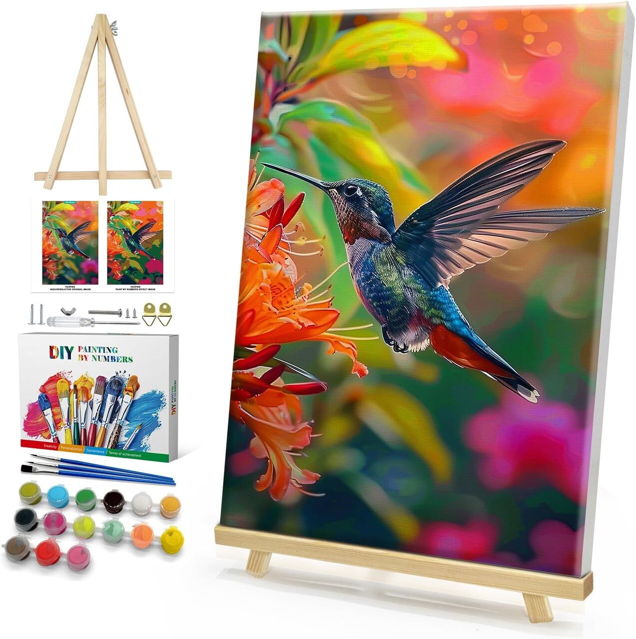 Framed Paint by Numbers Kit for Adults, Hummingbird Paint by Numbers Kit for Adults with Easel, DIY Flower Bird Paint by Number with Frame, Adult Paint by Number Kits Framed Canvas 8x12 Inch